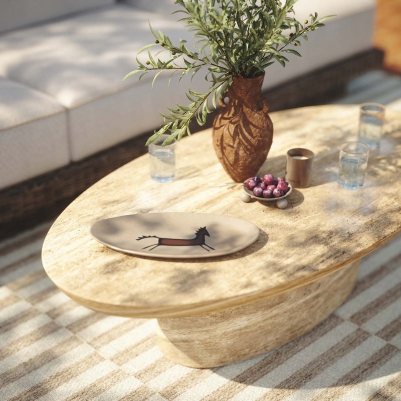 Coffee Table, Pill-Shaped Top, Chunky Tripod Base, Faux Travertine.