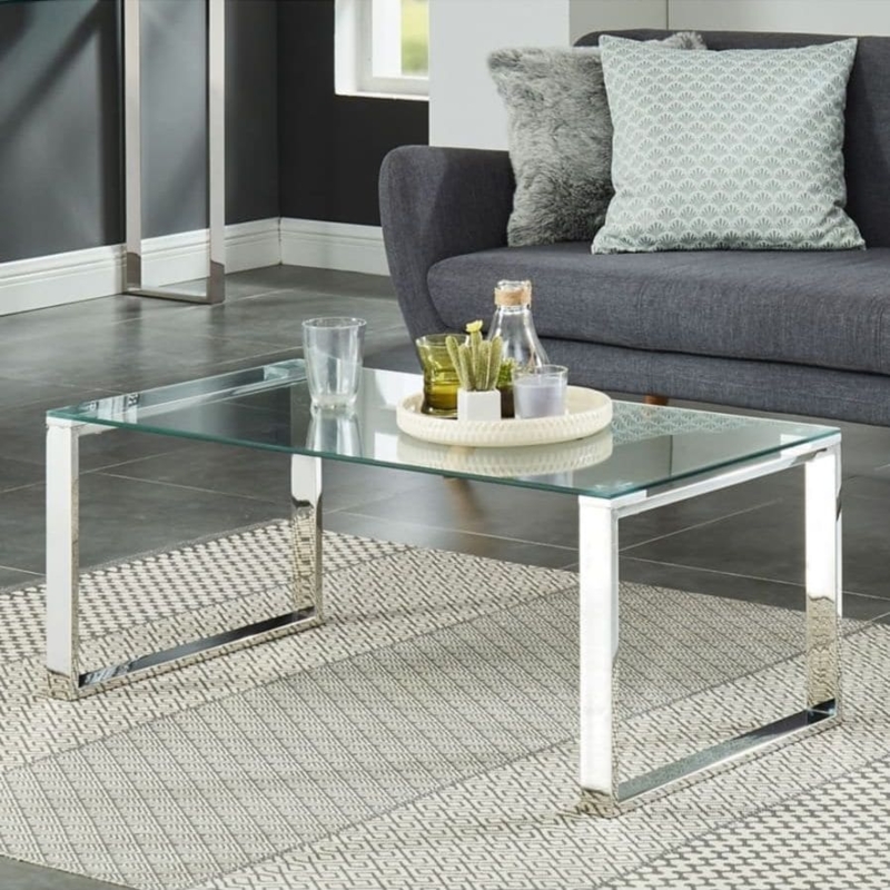 Coffee Table Polished Metal Geometric Base Tempered Glass Top Glam
