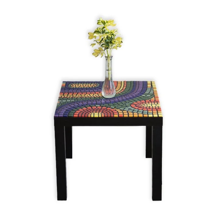 Coffee Table Rainbow Mosaic Top Minimalist White Frame Handcrafted Round