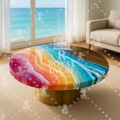 Coffee Table Rainbow Resin River Live Edge Wood Hairpin Legs