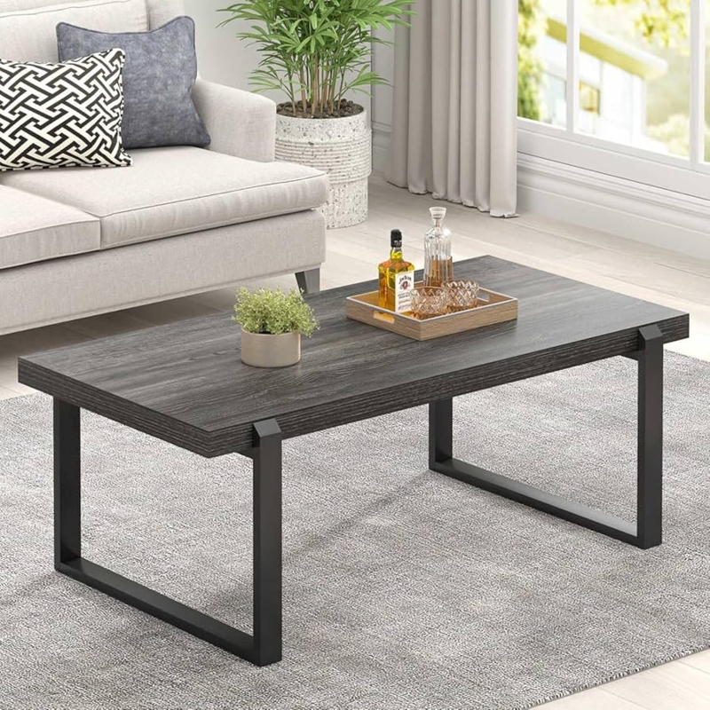 Coffee Table Rectangle Thick Dark Gray Wood Minimalist Metal Legs