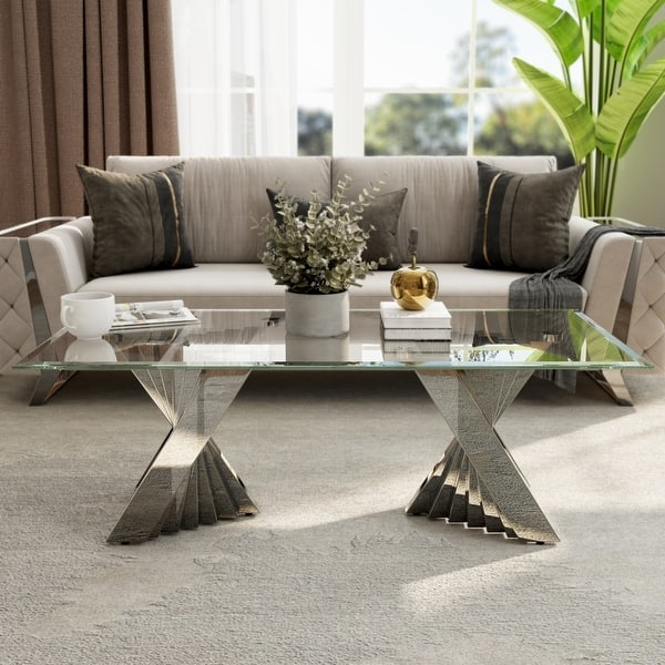 Coffee Table Rectangular Clear Glass Top Polished Silver X-Frame