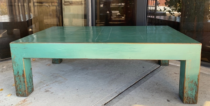 Coffee Table Rectangular Distressed Green Reclaimed Wood Slatted Shelf