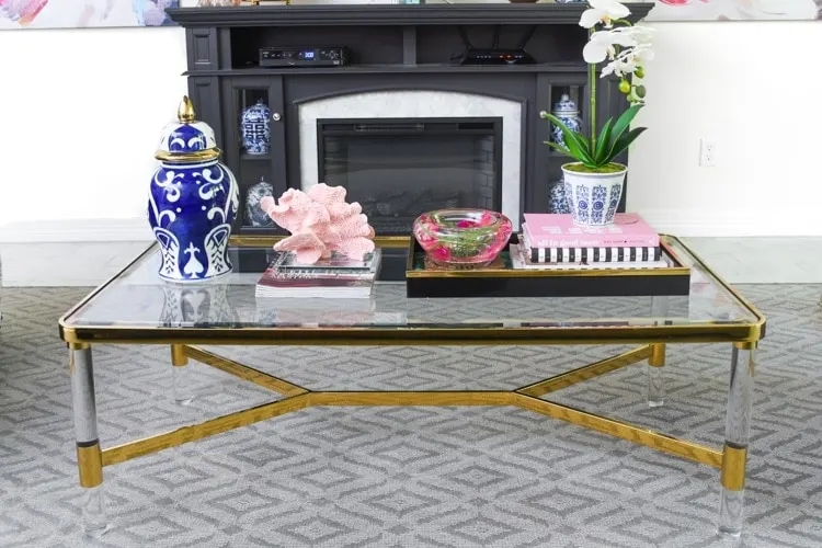 Coffee Table Rectangular Glass Top with Clear Acrylic Legs and Frame