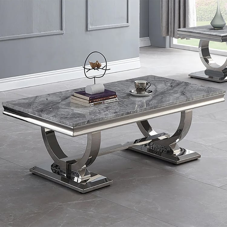 Coffee Table Rectangular Gray Marble Effect Gold Pedestal Base