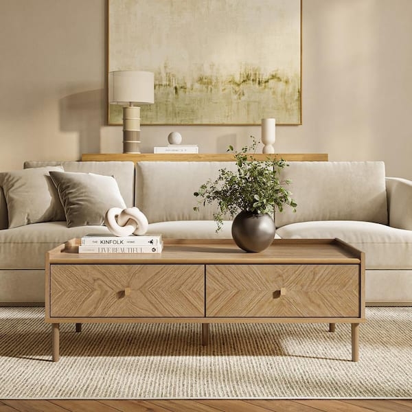 Coffee Table Rectangular Light Oak Two Drawers Open Shelf