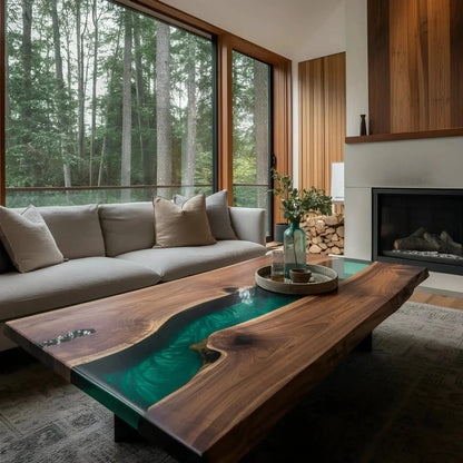 Coffee Table Rectangular Live Edge Walnut Green Resin River Legs