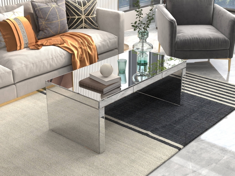 Coffee Table Rectangular Mirrored Block Legs Beveled Edges Modern
