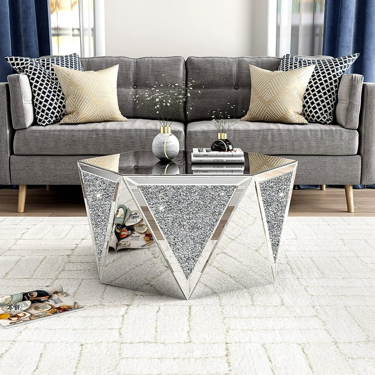 Coffee Table Rectangular Mirrored Crushed Crystal Inlay Glam