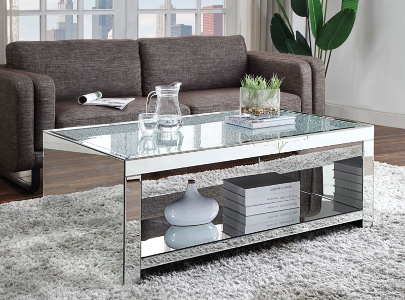 Coffee Table Rectangular Mirrored Panels Recessed Plinth Base