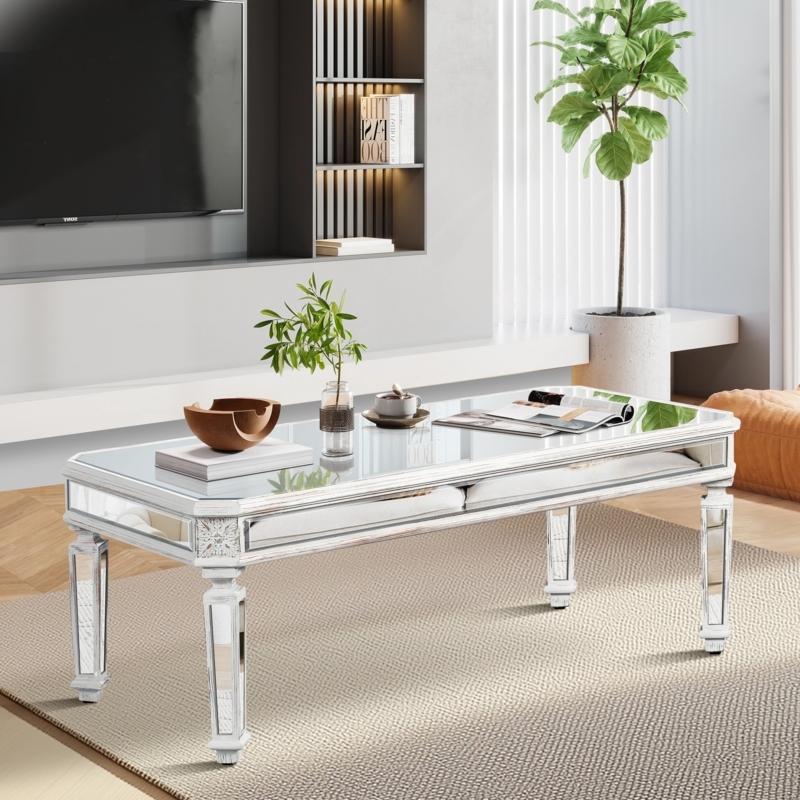 Coffee Table Rectangular Mirrored Plinth Base Beveled Edges Glam