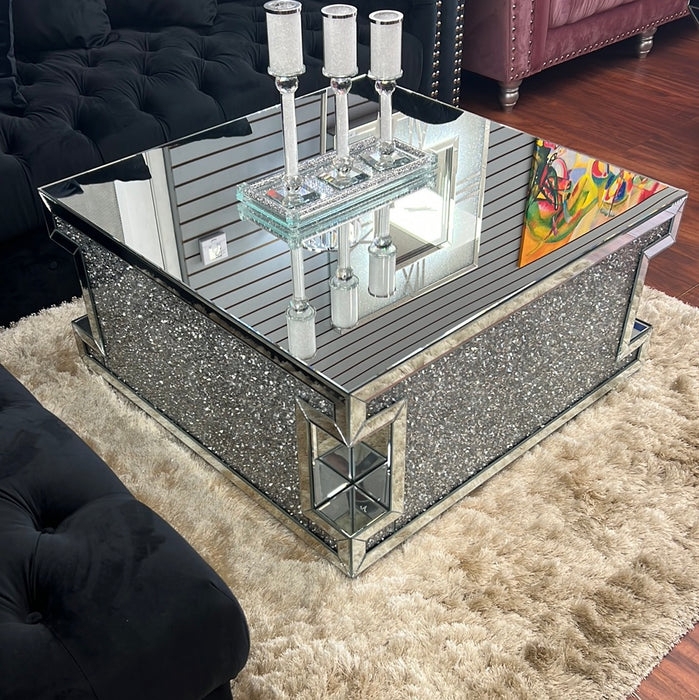 Coffee Table Rectangular Mirrored with Crystal Insets Plinth Base
