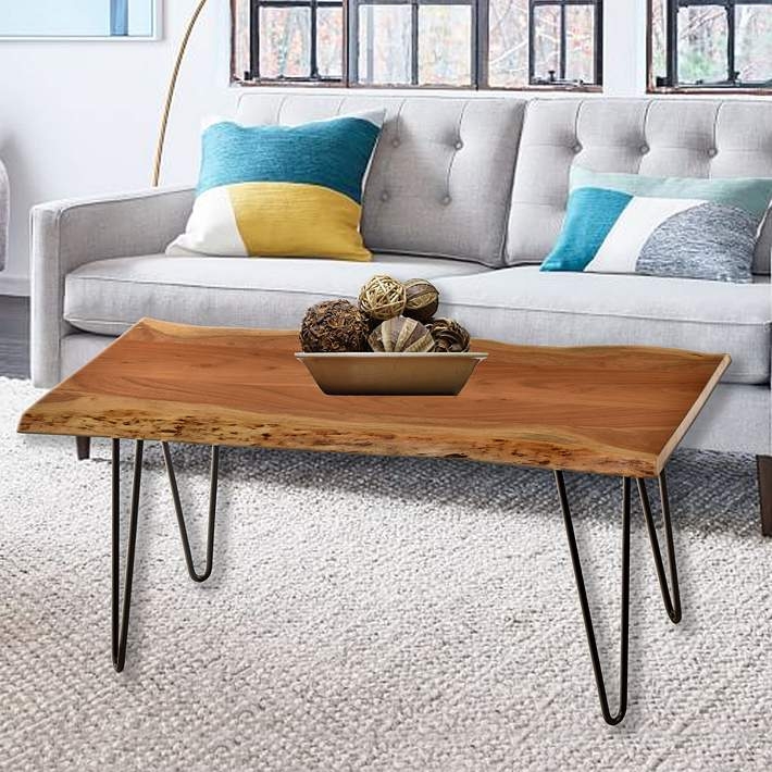 Coffee Table Rectangular Natural Wood Thick Block Legs Open Base