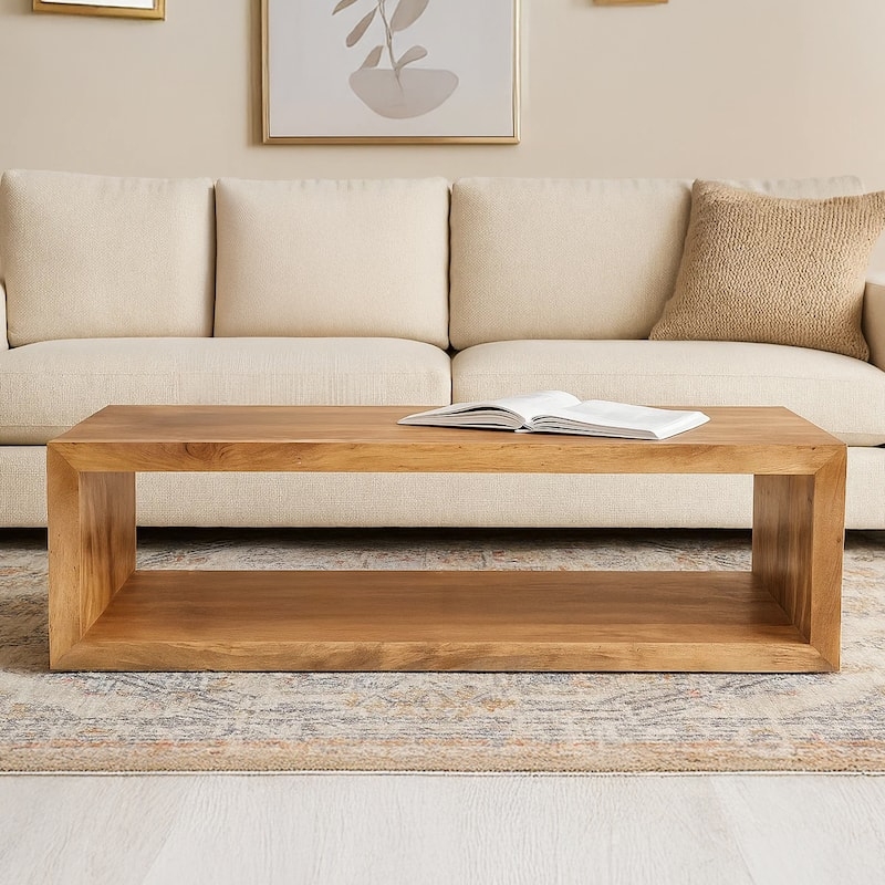 Coffee Table Rectangular Open Shelf Storage Block Frame Earthy Wood