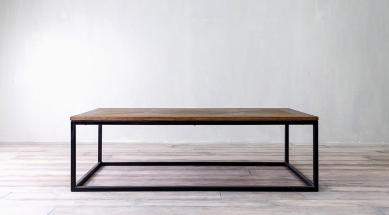 Coffee Table Rectangular Parquet Pattern Wood Top Open Metal Base