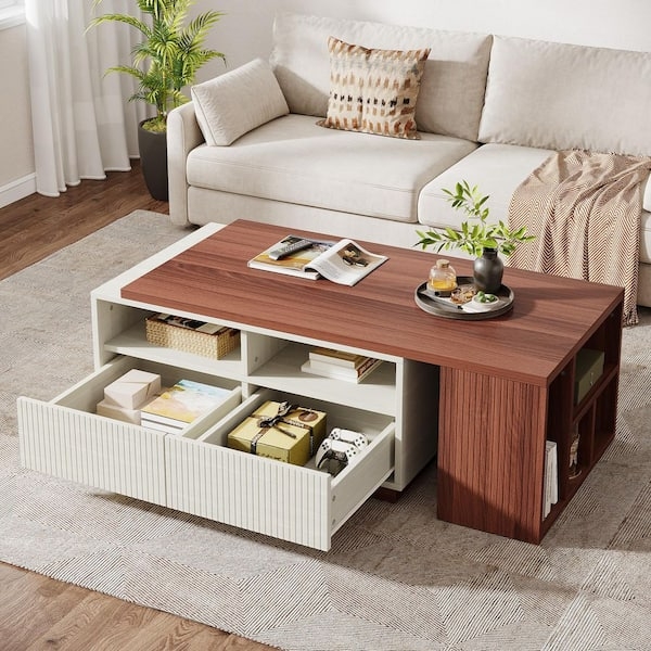 Coffee Table Rectangular Rustic Wood & Metal, Multi-Tier Storage