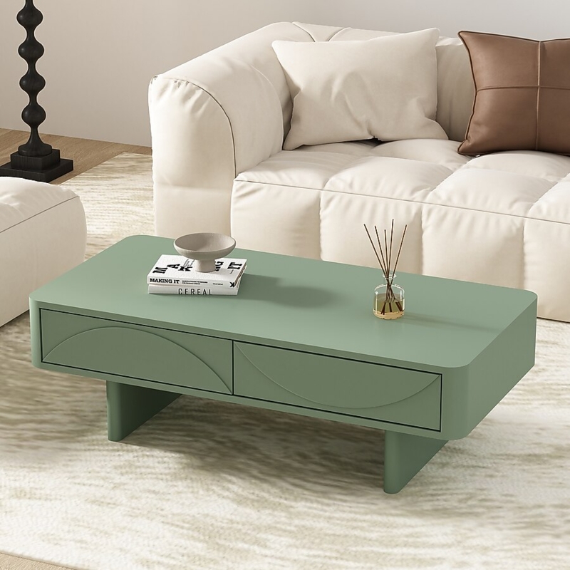 Coffee Table Rectangular Sage Green Two Drawers Wood Splayed Legs