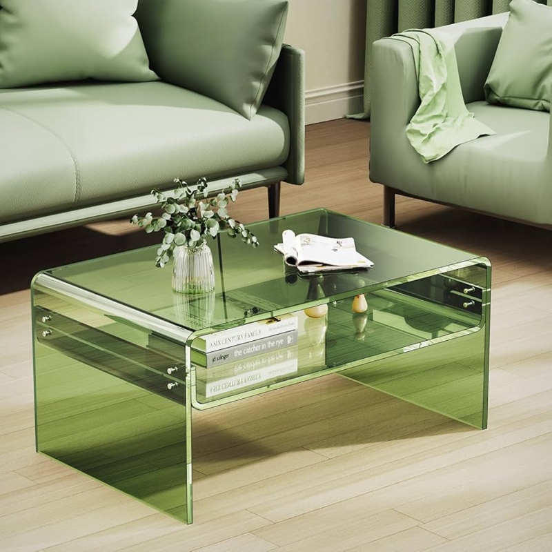 Coffee Table Rectangular Translucent Green Acrylic Integrated Shelf