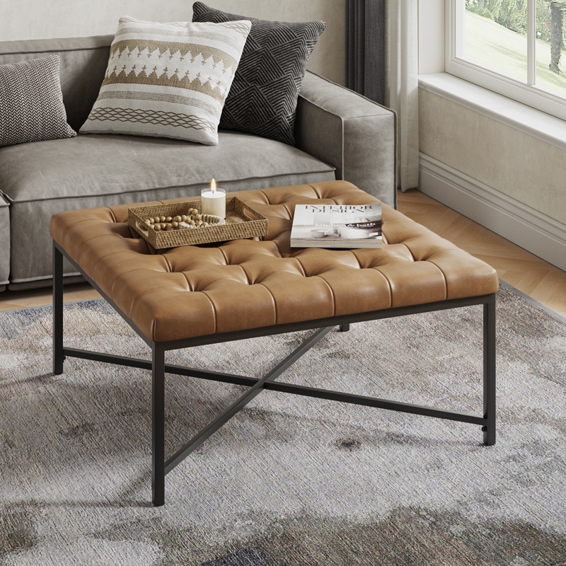 Coffee Table Rectangular Tufted Top Silver Metal X Frame Modern
