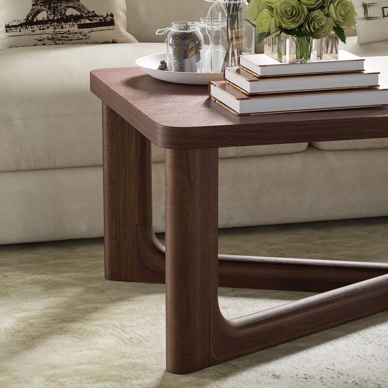 Coffee Table, Rectangular Wood Trestle, Cherry Finish, Horizontal Stretcher