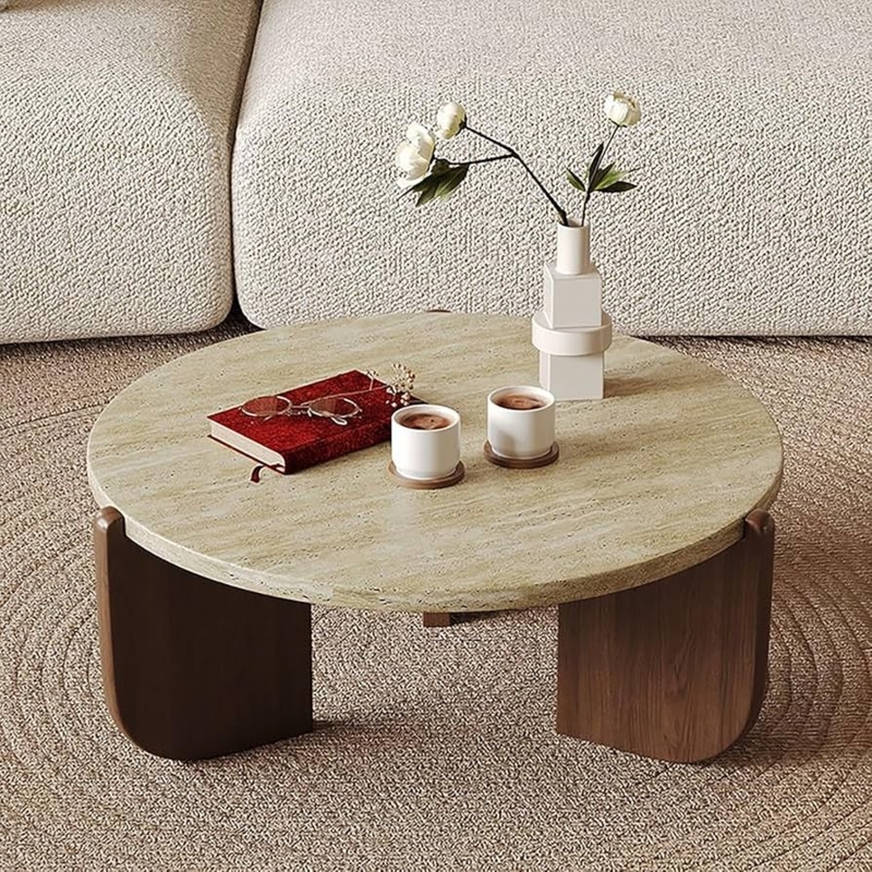 Coffee Table Ribbed Pedestal Base Round Stone Like Top Japandi Style