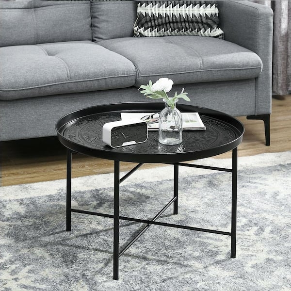 Coffee Table Round Black Metal Hammered Tray Top Minimalist Tripod