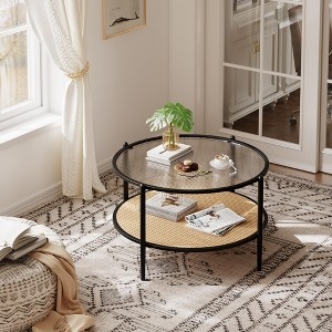 Coffee Table Round Black Metal Rattan Lower Shelf Glass Top Boho Airy