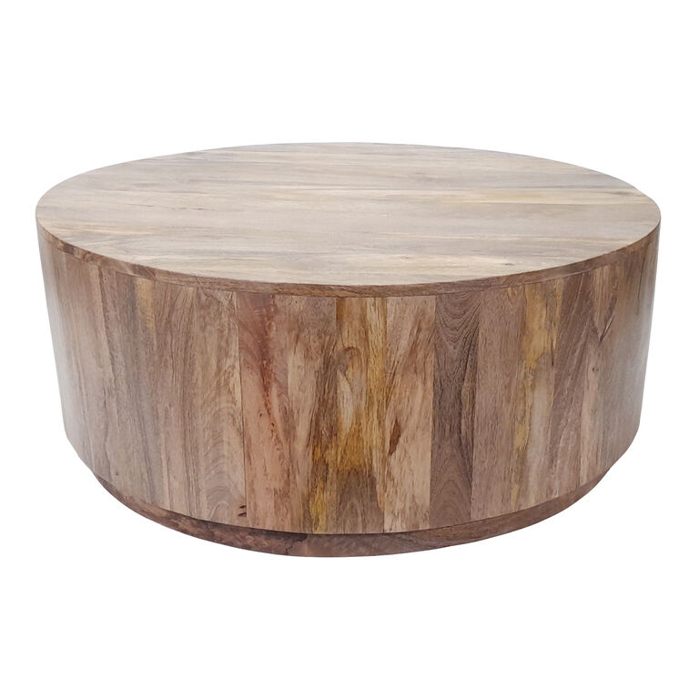 Coffee Table Round Block Base Low Profile Minimalist Wood Natural
