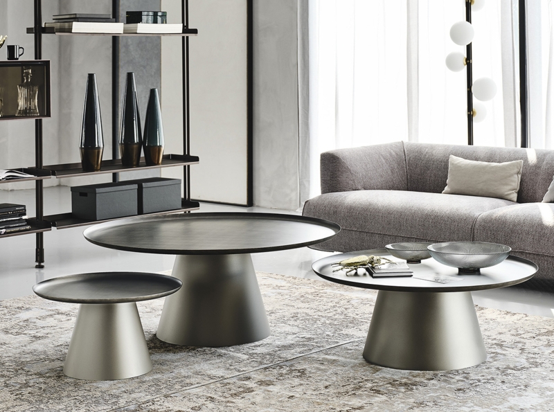 Coffee Table Round Brushed Metal with Minimalist Tripod Base