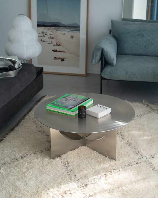 Coffee Table Round Brushed Stainless Steel Drum Base Low Profile