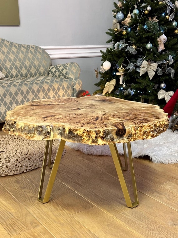 Coffee Table Round Burl Grain Live Edge Slab Tripod Base Minimalist