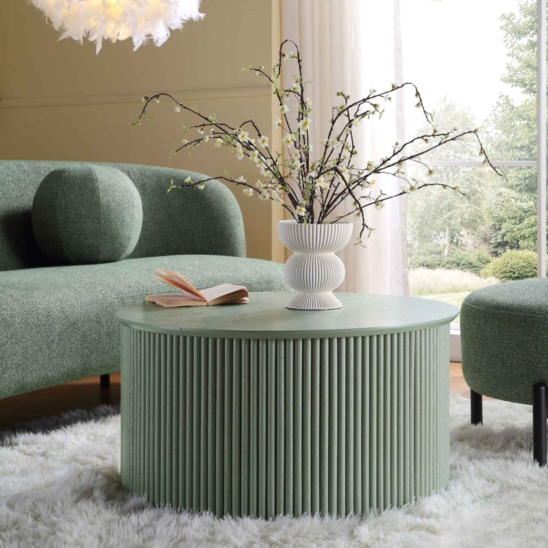 Coffee Table Round Cylindrical Sage Green Tambour Door Storage