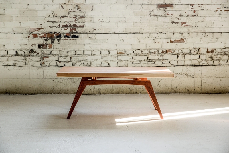 Coffee Table Round Dark Wood with Splayed Copper Tripod Legs