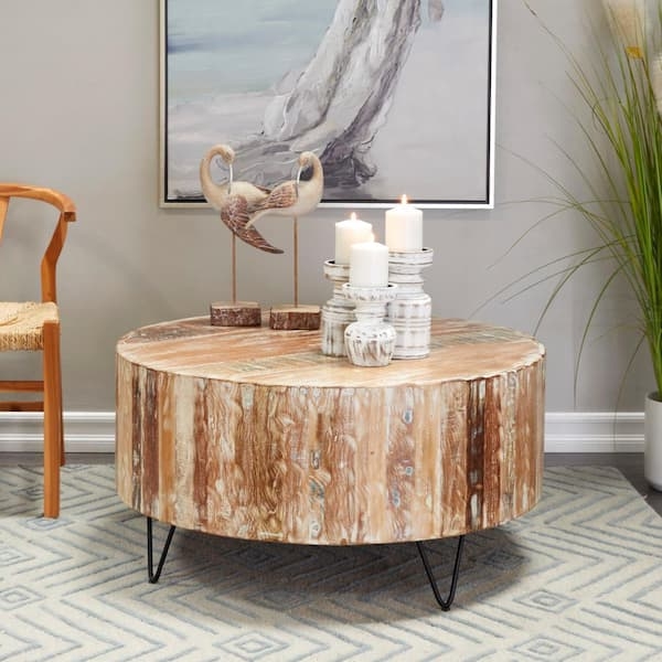 Coffee Table Round Distressed Wood Top Black Hairpin Legs Cozy