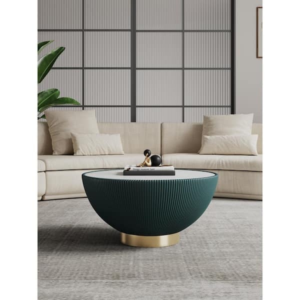 Coffee Table Round Drum Green Upholstered Base Faux Marble Top