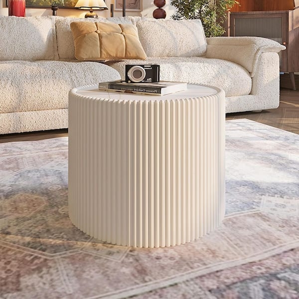 Coffee Table Round Drum, Milk White, Carved Scale Pattern, Bohemian