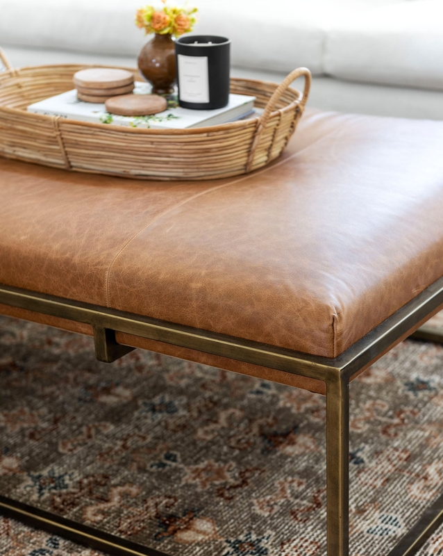Coffee Table Round Drum Silhouette Tan Leather Like Visible Stitching