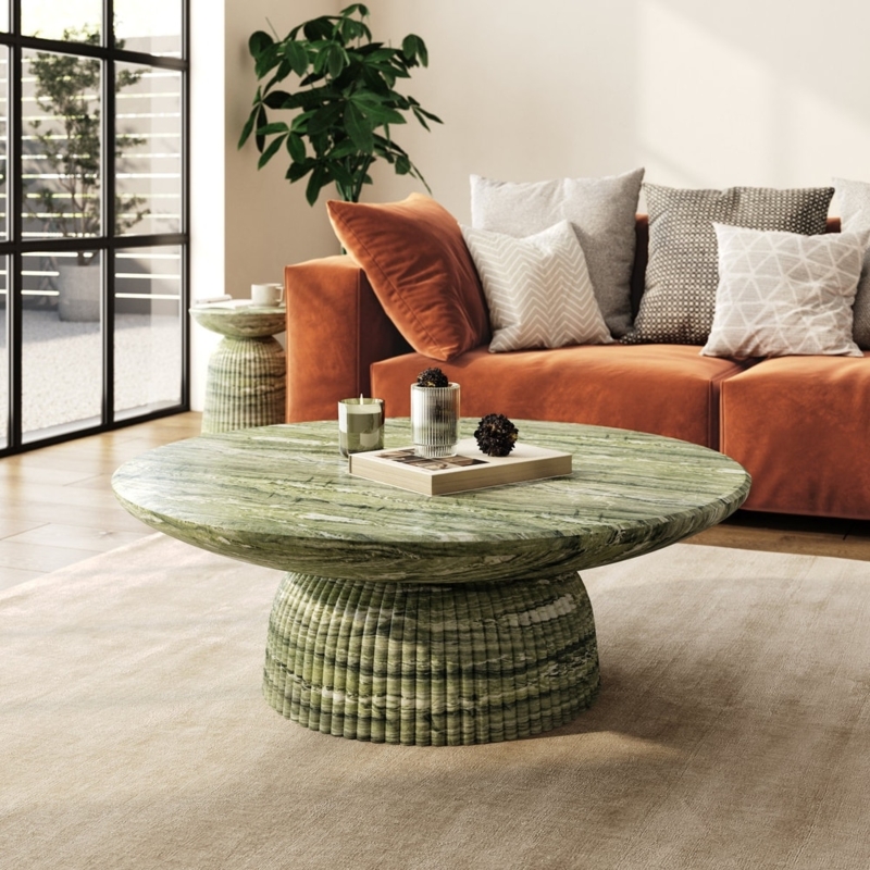 Coffee Table Round Emerald Green Marble Effect Gold Tripod Base Glam