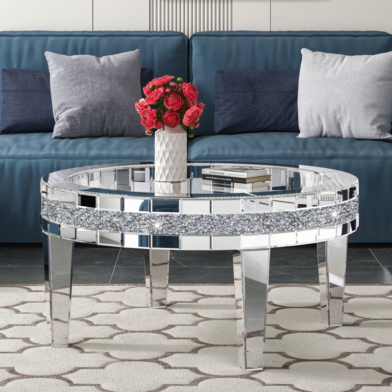 Coffee Table Round Glass Top Crystal Inlay Border Silver Legs Glam