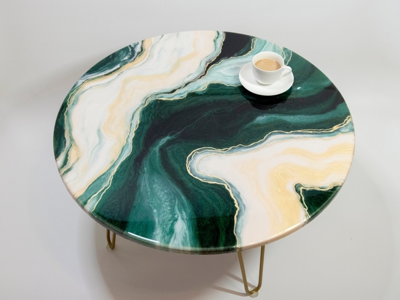 Coffee Table Round Glossy Emerald Green Resin Gold Swirl Tripod Legs