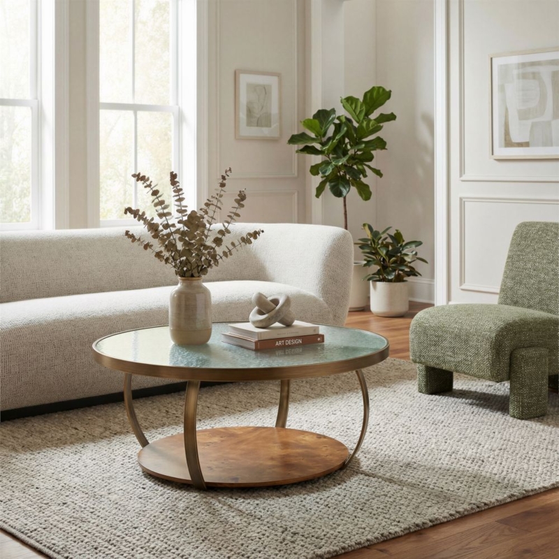 Coffee Table Round Industrial Tripod Metal Base Multicolor Plank Top