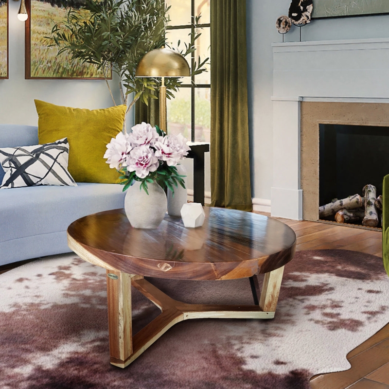 Coffee Table Round Live Edge Thick Slab Cylindrical Base Organic Modern