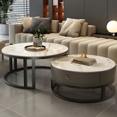 Coffee Table Round Marbled Top Dark Textured Pedestal Base Brutalist