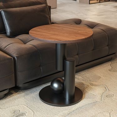 Coffee Table Round Marbled Top Fluted Wood Base Japandi Style