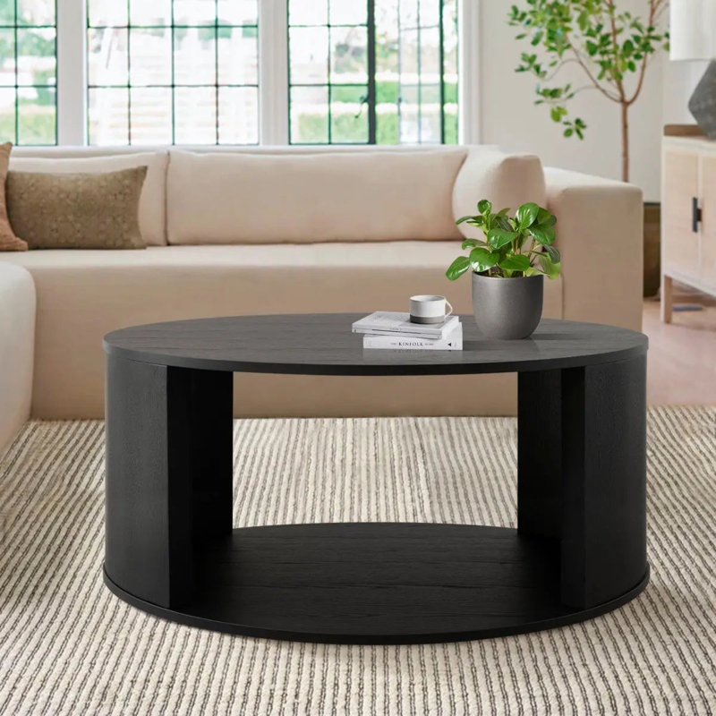 Coffee Table Round Matte Black Ribbed Drum Base Modern Minimalist