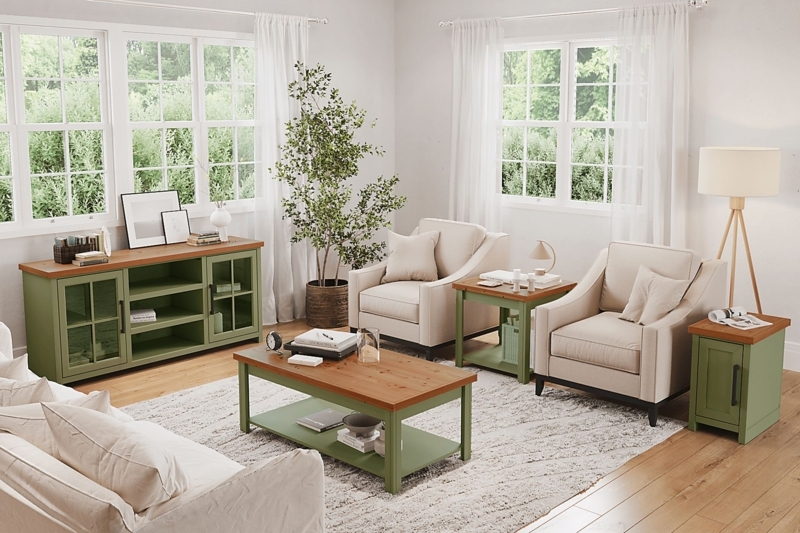 Coffee Table Round Matte Sage Green Top Architectural Metal Cross Base
