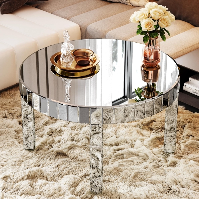 Coffee Table Round Mirrored Starburst Mosaic Base Faceted Glam