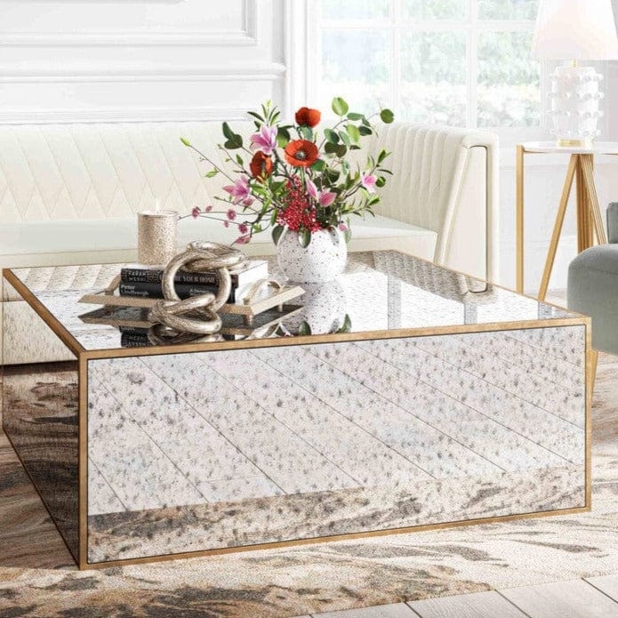 Coffee Table Round Mirrored Top Gold Interlocking Ring Base Glam