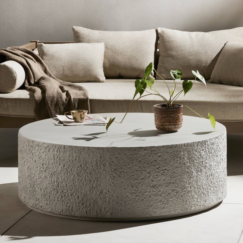 Coffee Table, Round Monolithic Form, Light Gray Stone-Like Pedestal.