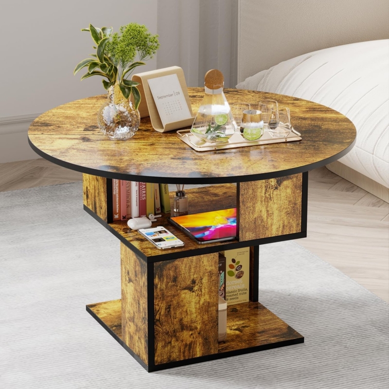 Coffee Table Round Natural Wood Scandinavian Storage Shelf Transitional
